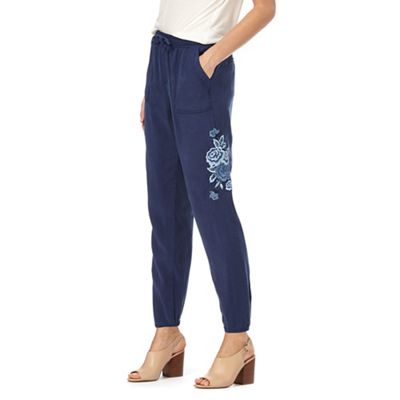 Navy embroidered tencel cargo trousers